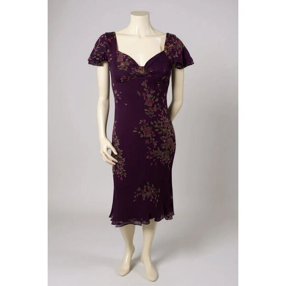 Vintage Jones New York Purple Floral 100% Silk Midi Dress Flutter Sleeves Size 6 - Picture 1 of 5